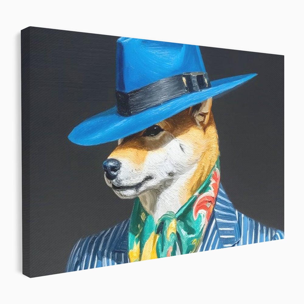 Tablou canvas cu pictura cu caine in costum si palarie, fara rama, pe sasiu de lemn